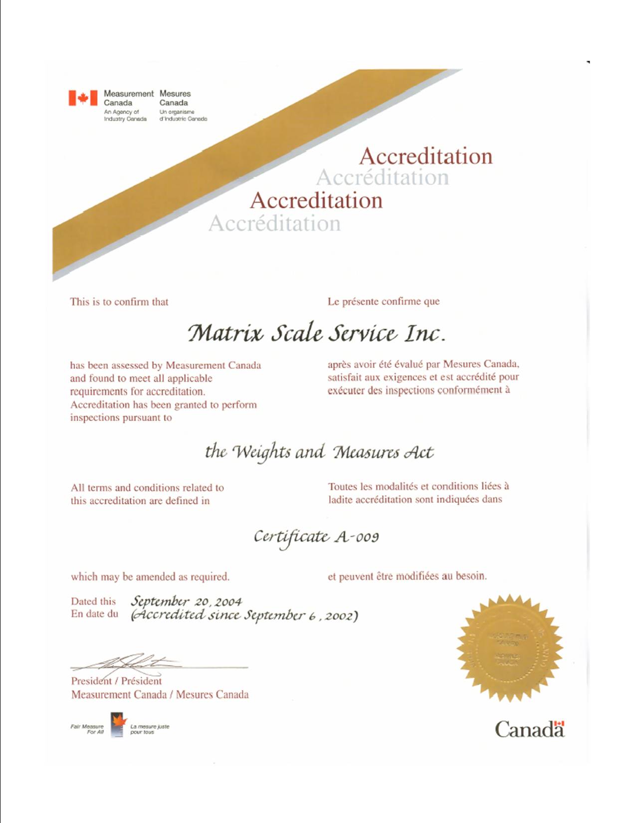 Matrix Scale Service Accreditaion Weights and Measures Canada